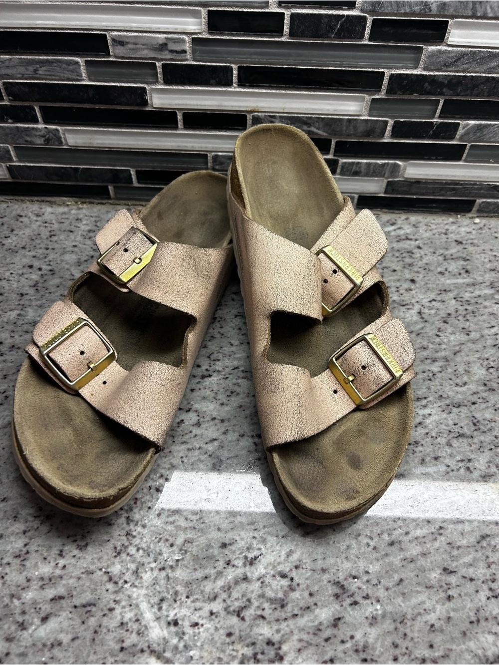 Birkenstock Metallic Crackle Pink Double-Buckle Slide size 9